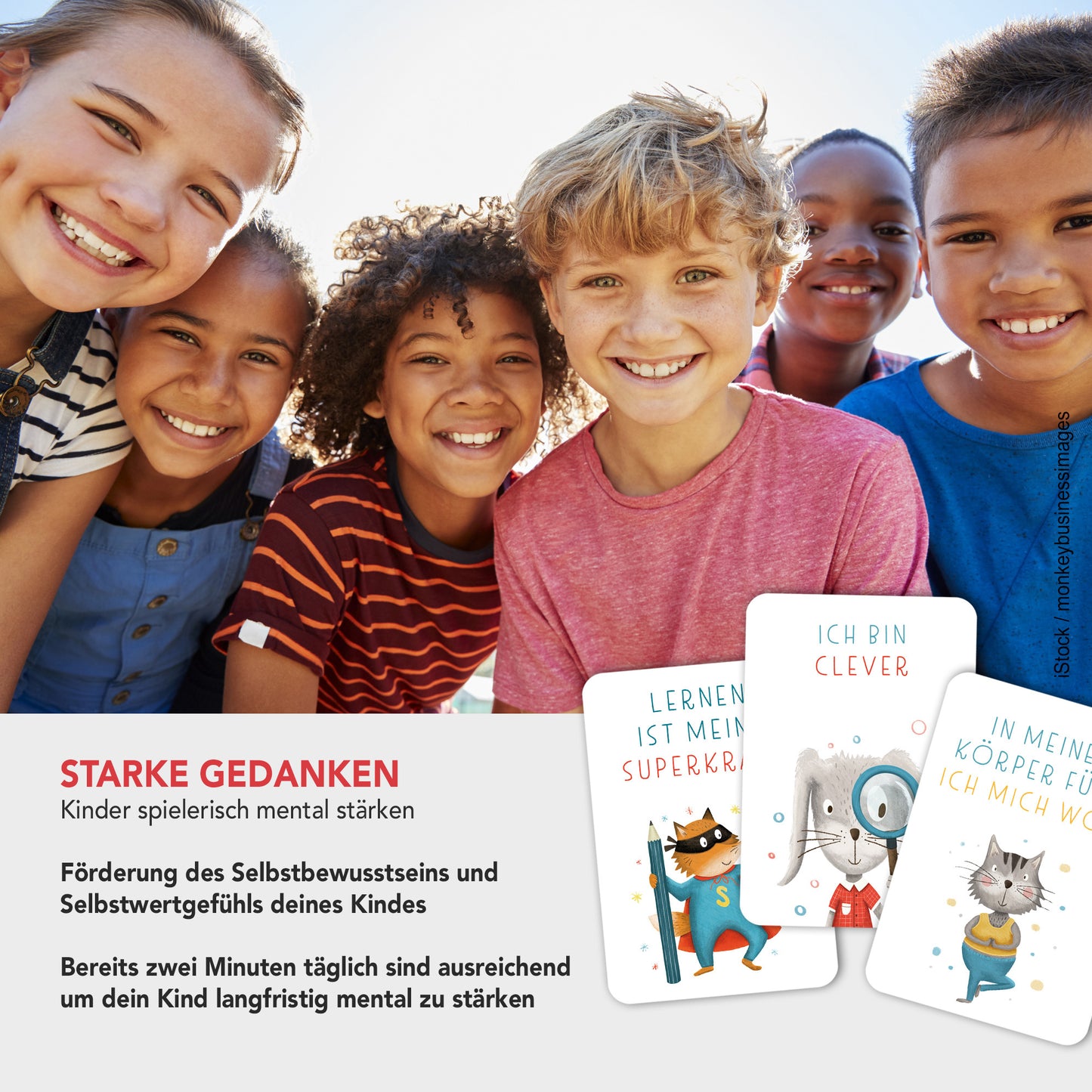 Handgezeichnetes Kartenset mit Affirmationen für Kinder: Enthält 40 liebevoll gestaltete Karten mit kindgerechten Affirmationen und bunten Tierillustrationen, verpackt in einer Faltschachtel.