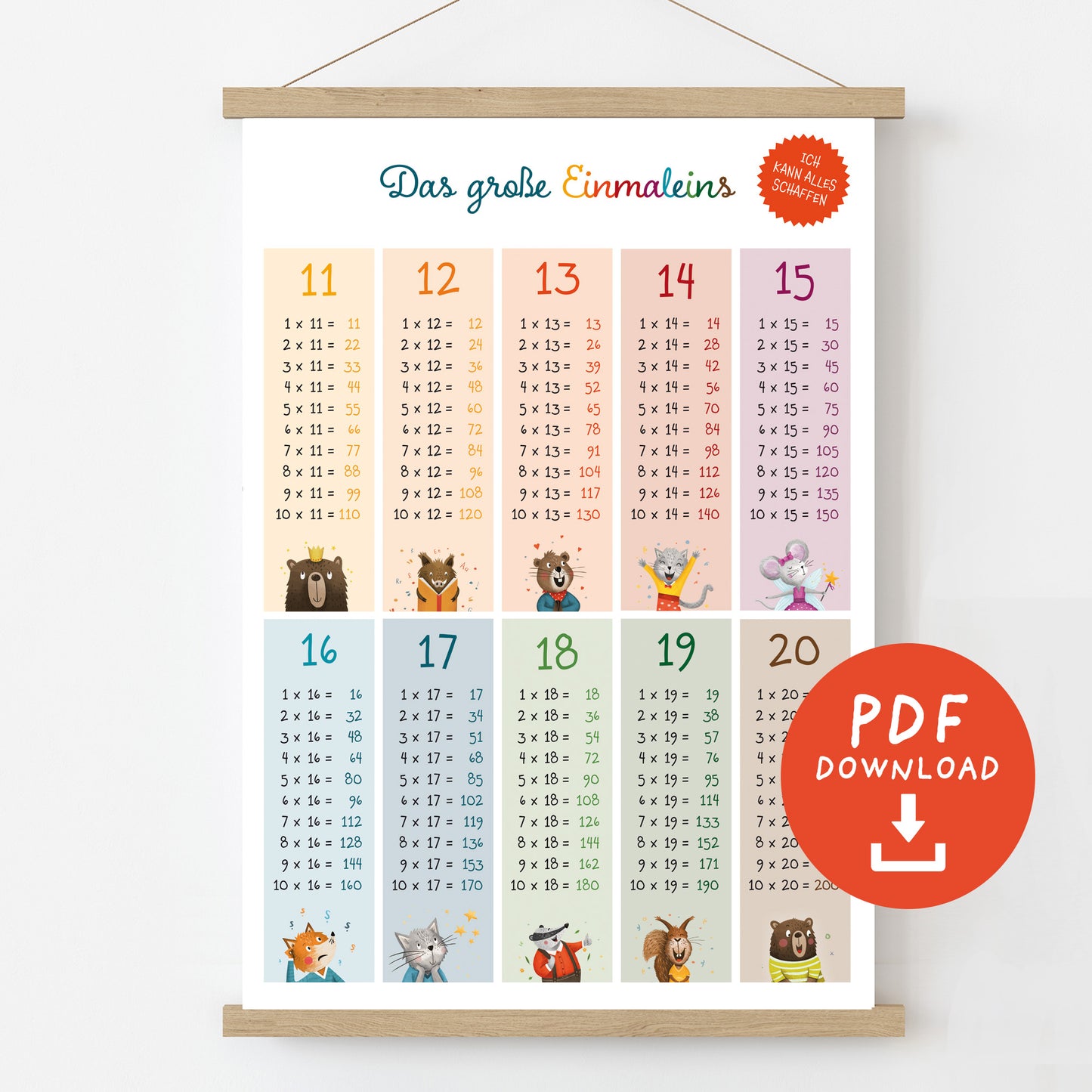 Das große Einmaleins Poster zum Ausdrucken | Zahlenreihen 11-20 | Formate A4, A3, A2 | PDF Download