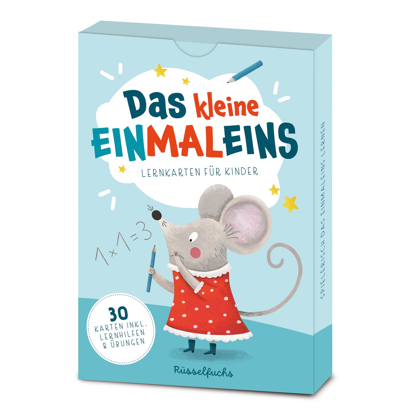 Handgezeichnete Einmaleinskarten zum Üben des 1x1 mit den Reihen 1 bis 10: 30 Karten mit Übungsmaterial und Lernhilfen, ideal für das spielerische Erlernen der Multiplikation, verpackt in einer Faltschachtel.