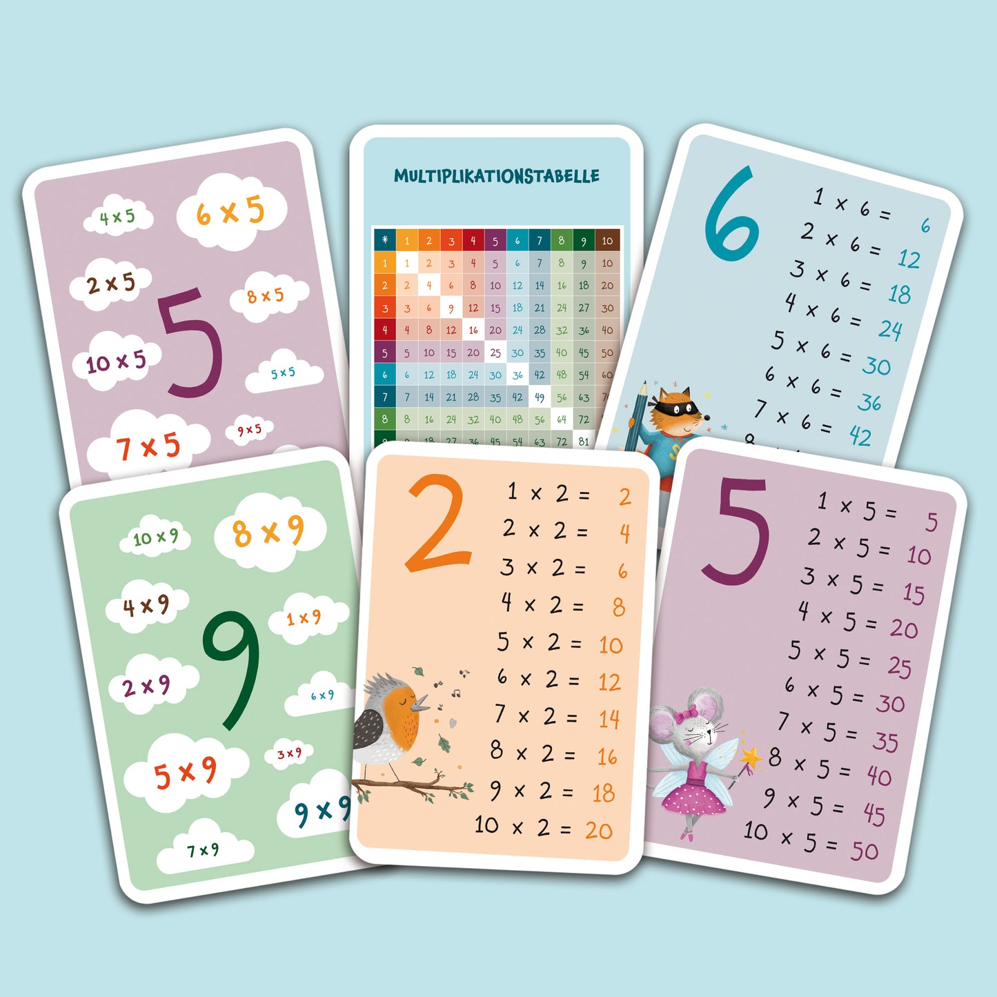 Handgezeichnete Einmaleinskarten zum Üben des 1x1 mit den Reihen 1 bis 10: 30 Karten mit Übungsmaterial und Lernhilfen, ideal für das spielerische Erlernen der Multiplikation, verpackt in einer Faltschachtel.