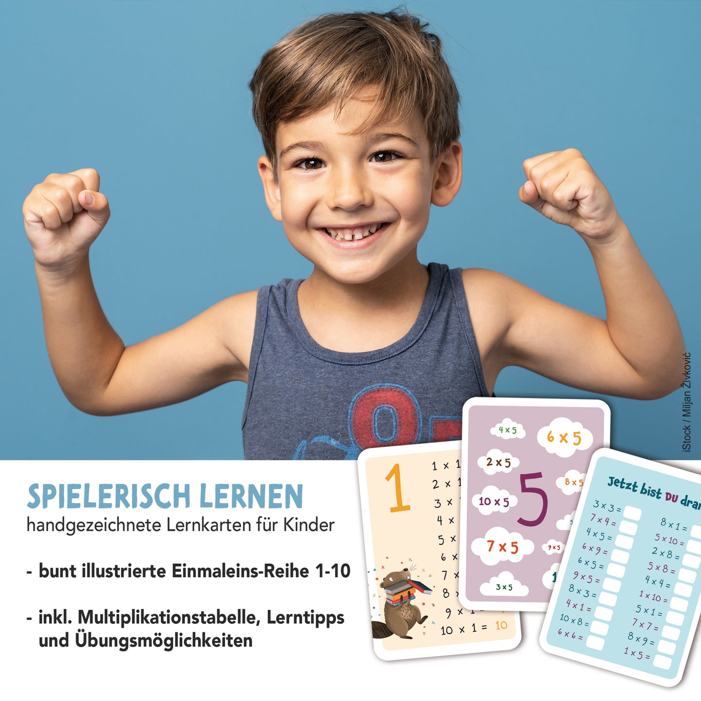 Handgezeichnete Einmaleinskarten zum Üben des 1x1 mit den Reihen 1 bis 10: 30 Karten mit Übungsmaterial und Lernhilfen, ideal für das spielerische Erlernen der Multiplikation, verpackt in einer Faltschachtel.