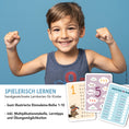 Bild in Galerie-Betrachter laden, Handgezeichnete Einmaleinskarten zum Üben des 1x1 mit den Reihen 1 bis 10: 30 Karten mit Übungsmaterial und Lernhilfen, ideal für das spielerische Erlernen der Multiplikation, verpackt in einer Faltschachtel.