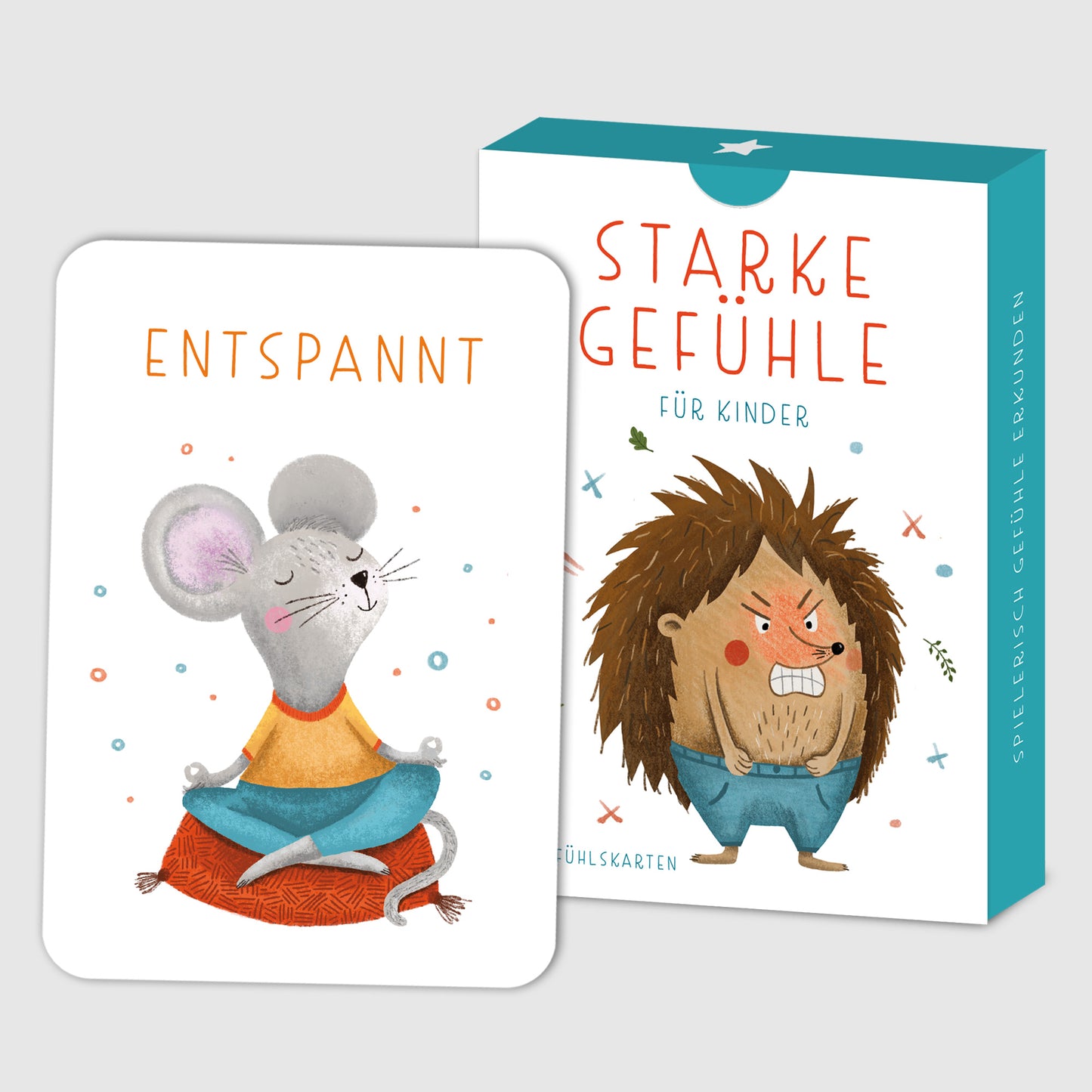 Handgezeichnetes Kartenset mit Gefühlskarten: 40 Karten mit bunten Illustrationen und kindgerechten Beschreibungen von Gefühlen, verpackt in einer Faltschachtel, ideal für die Förderung emotionaler Kompetenz.