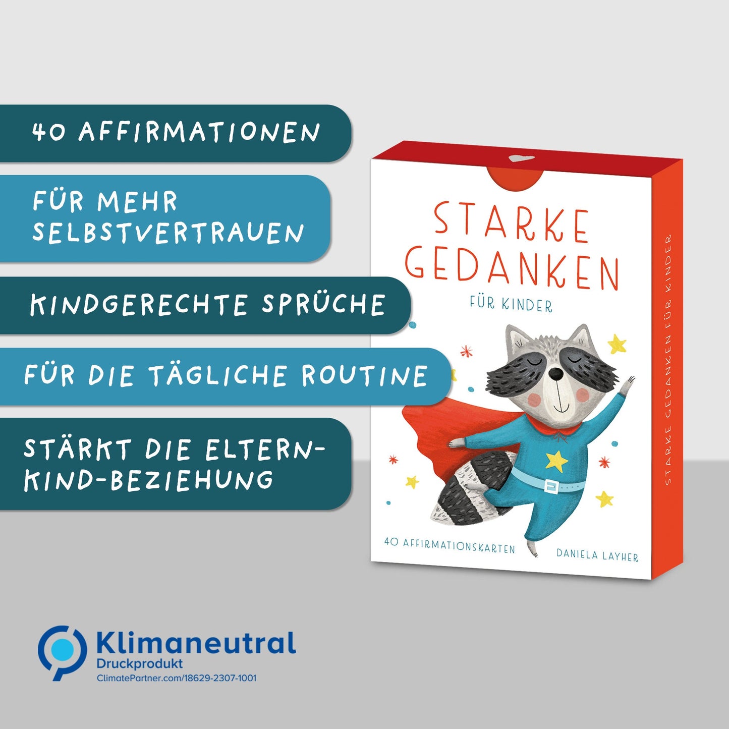 Handgezeichnetes Kartenset mit Affirmationen für Kinder: Enthält 40 liebevoll gestaltete Karten mit kindgerechten Affirmationen und bunten Tierillustrationen, verpackt in einer Faltschachtel.