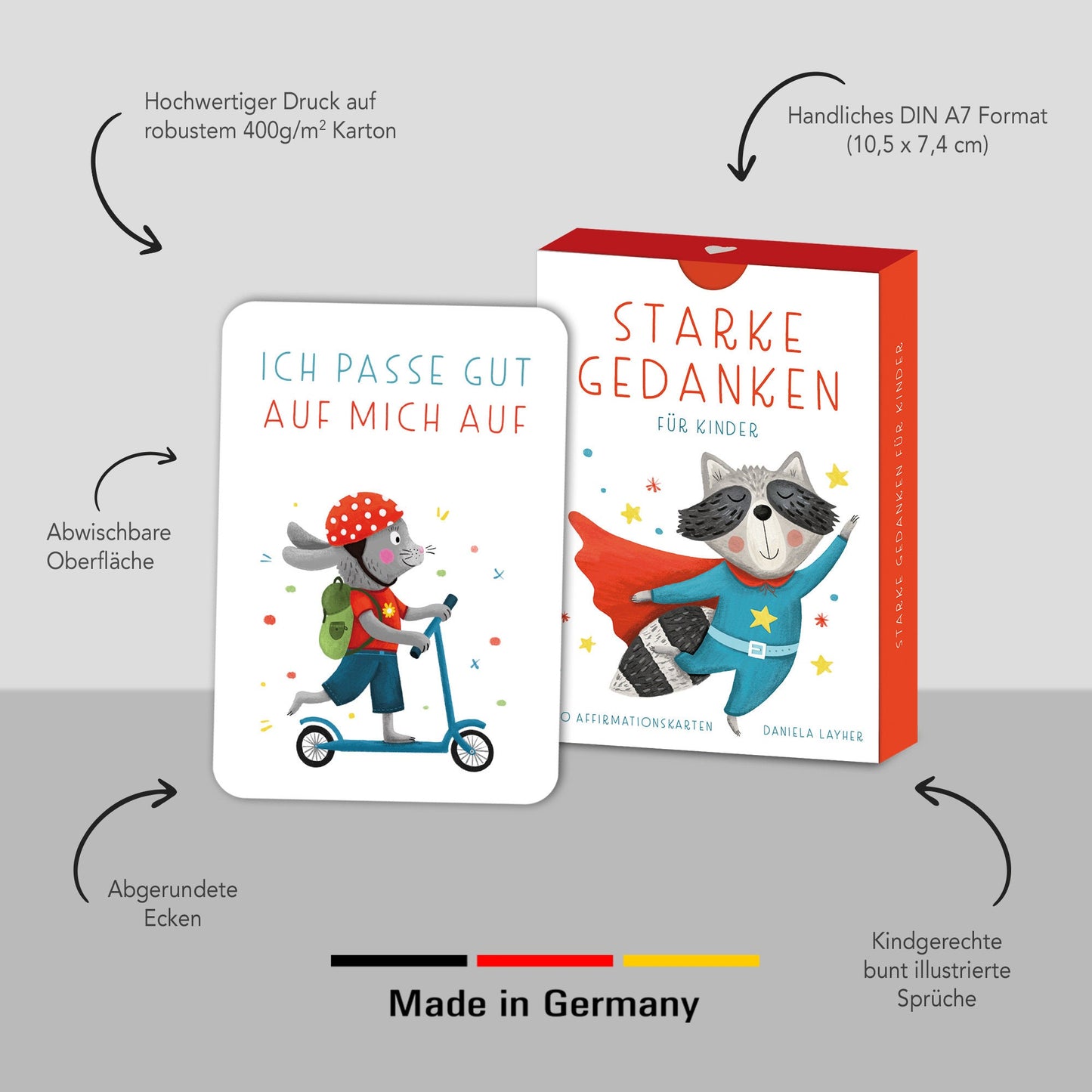 Handgezeichnetes Kartenset mit Affirmationen für Kinder: Enthält 40 liebevoll gestaltete Karten mit kindgerechten Affirmationen und bunten Tierillustrationen, verpackt in einer Faltschachtel.