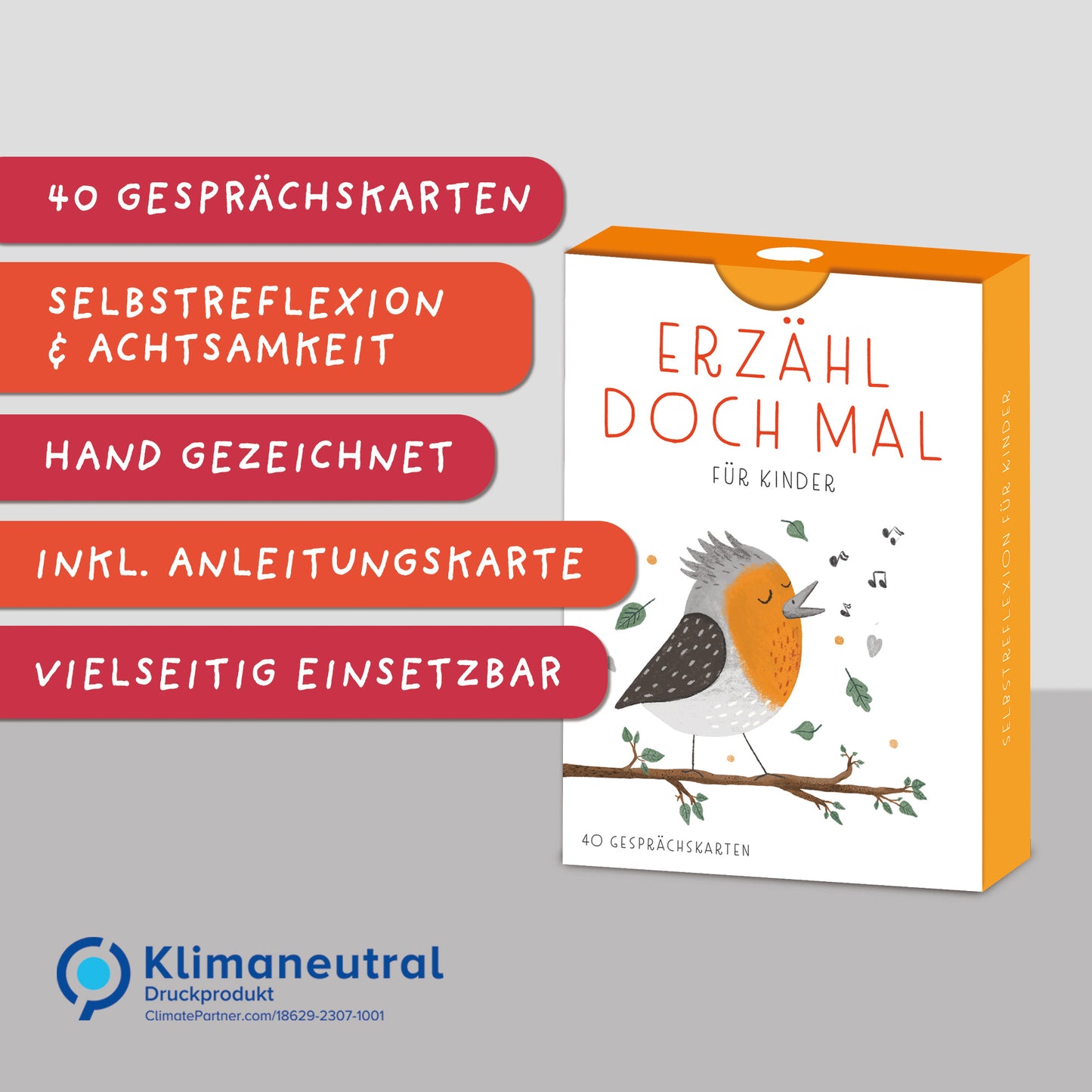 Handgezeichnetes Kartenset mit Gesprächskarten: 40 Karten mit anregenden Fragen und Illustrationen, ideal für Gespräche und zur Förderung der Kommunikation in Gruppen oder Familien, verpackt in einer Faltschachtel.