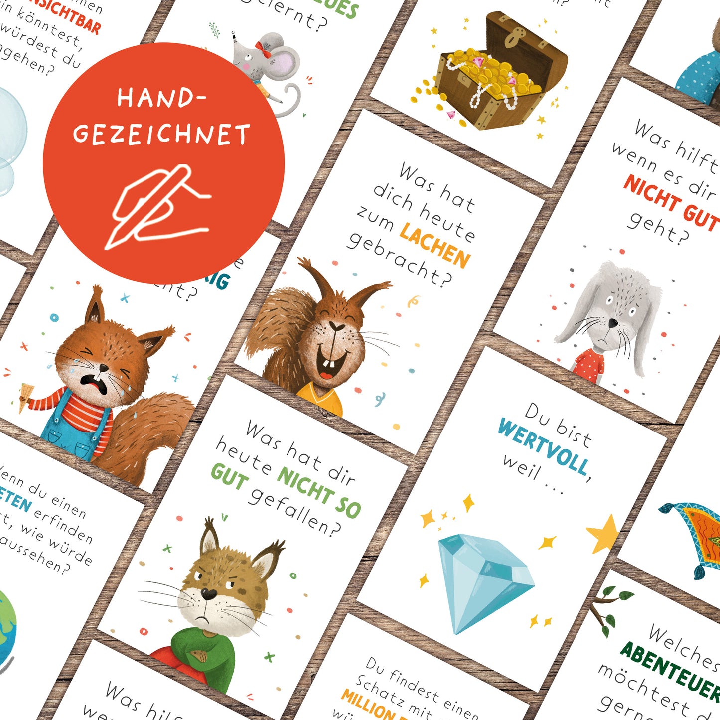 Downloadbare Gesprächskarten zum Ausdrucken: 40 Karten mit anregenden Fragen und Illustrationen, die einfach heruntergeladen, ausgeschnitten und genutzt werden können, um Kommunikation und Austausch zu fördern.