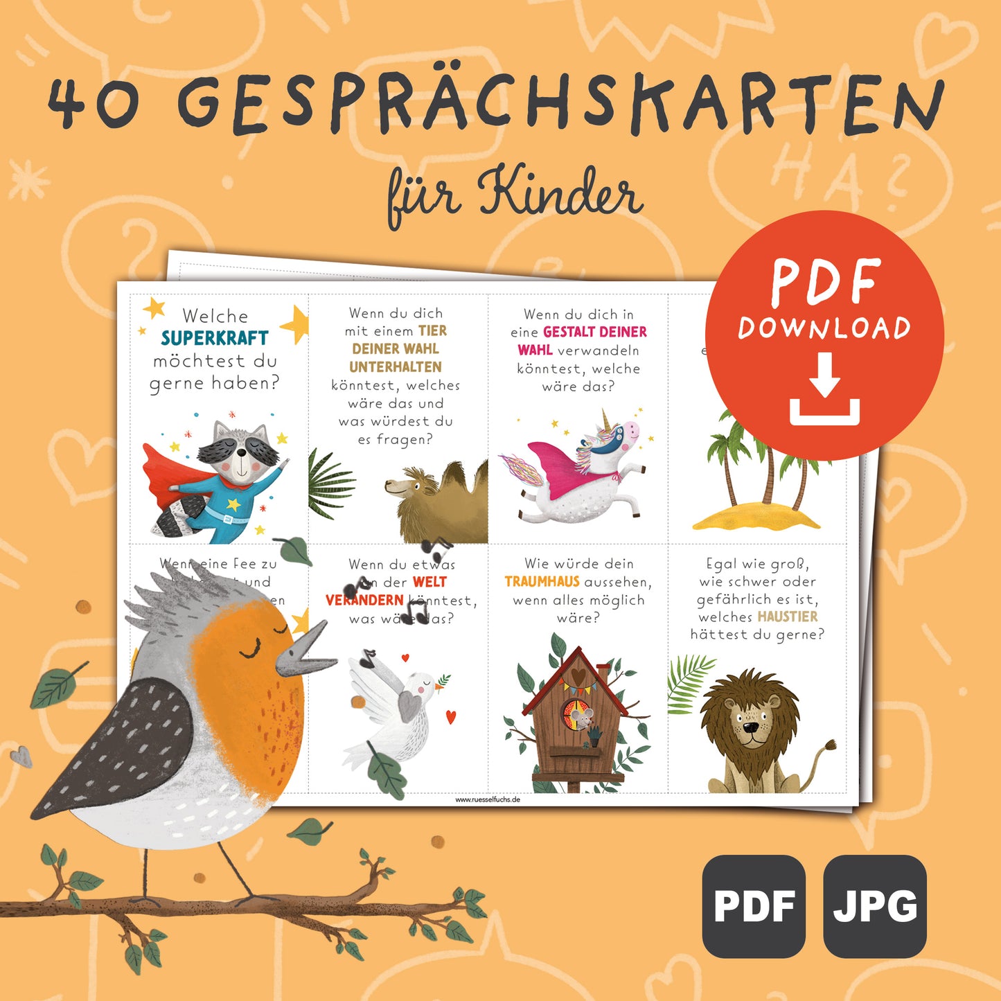 Downloadbare Gesprächskarten zum Ausdrucken: 40 Karten mit anregenden Fragen und Illustrationen, die einfach heruntergeladen, ausgeschnitten und genutzt werden können, um Kommunikation und Austausch zu fördern.