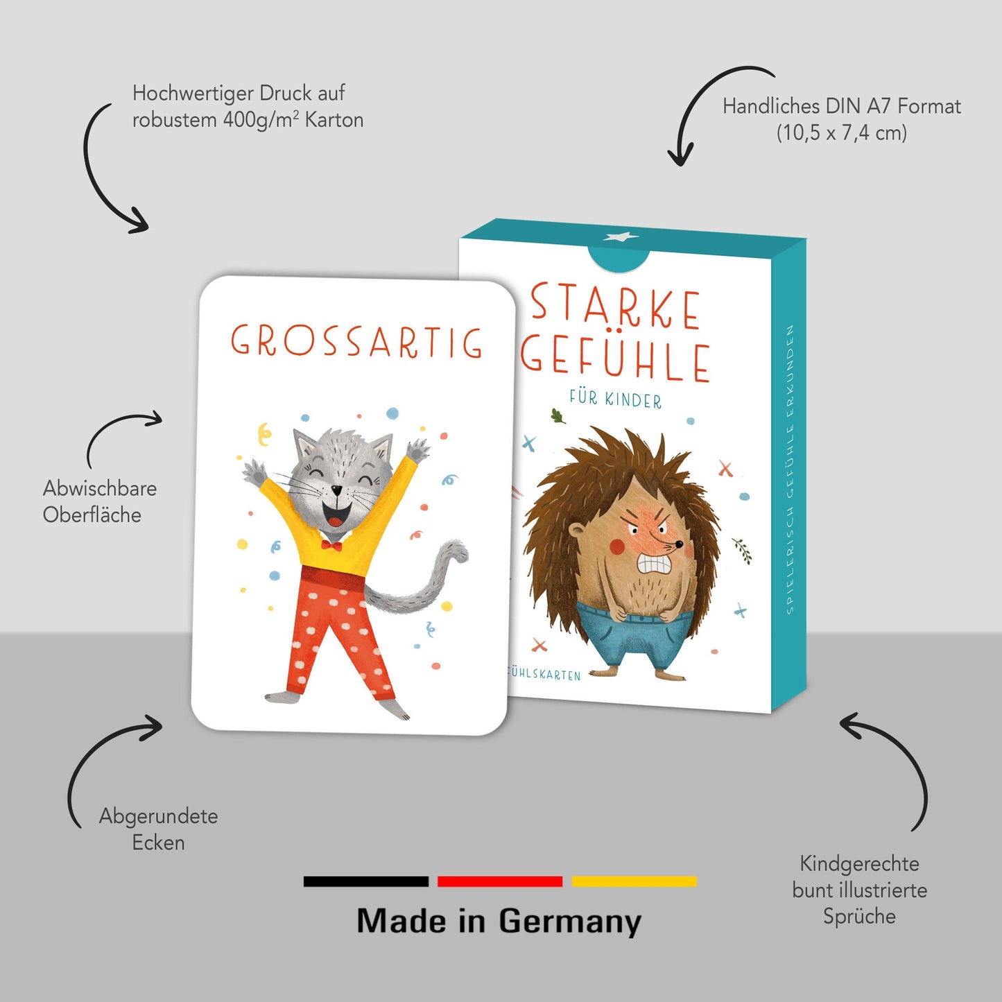 Handgezeichnetes Kartenset mit Gefühlskarten: 40 Karten mit bunten Illustrationen und kindgerechten Beschreibungen von Gefühlen, verpackt in einer Faltschachtel, ideal für die Förderung emotionaler Kompetenz.