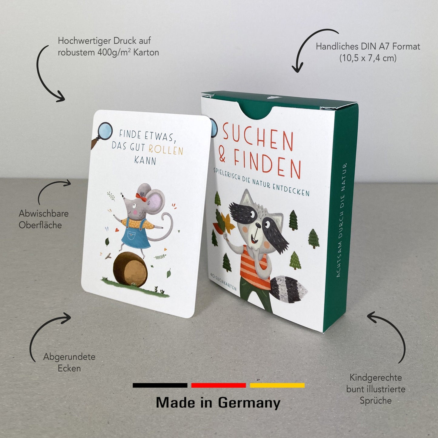 Handgezeichnetes 'Suchen und Finden' Kartenspiel für Kinder: 40 Karten mit kreativen Suchaufträgen, die Kinder in die Natur einladen, um spannende Entdeckungen zu machen, verpackt in einer Faltschachtel.