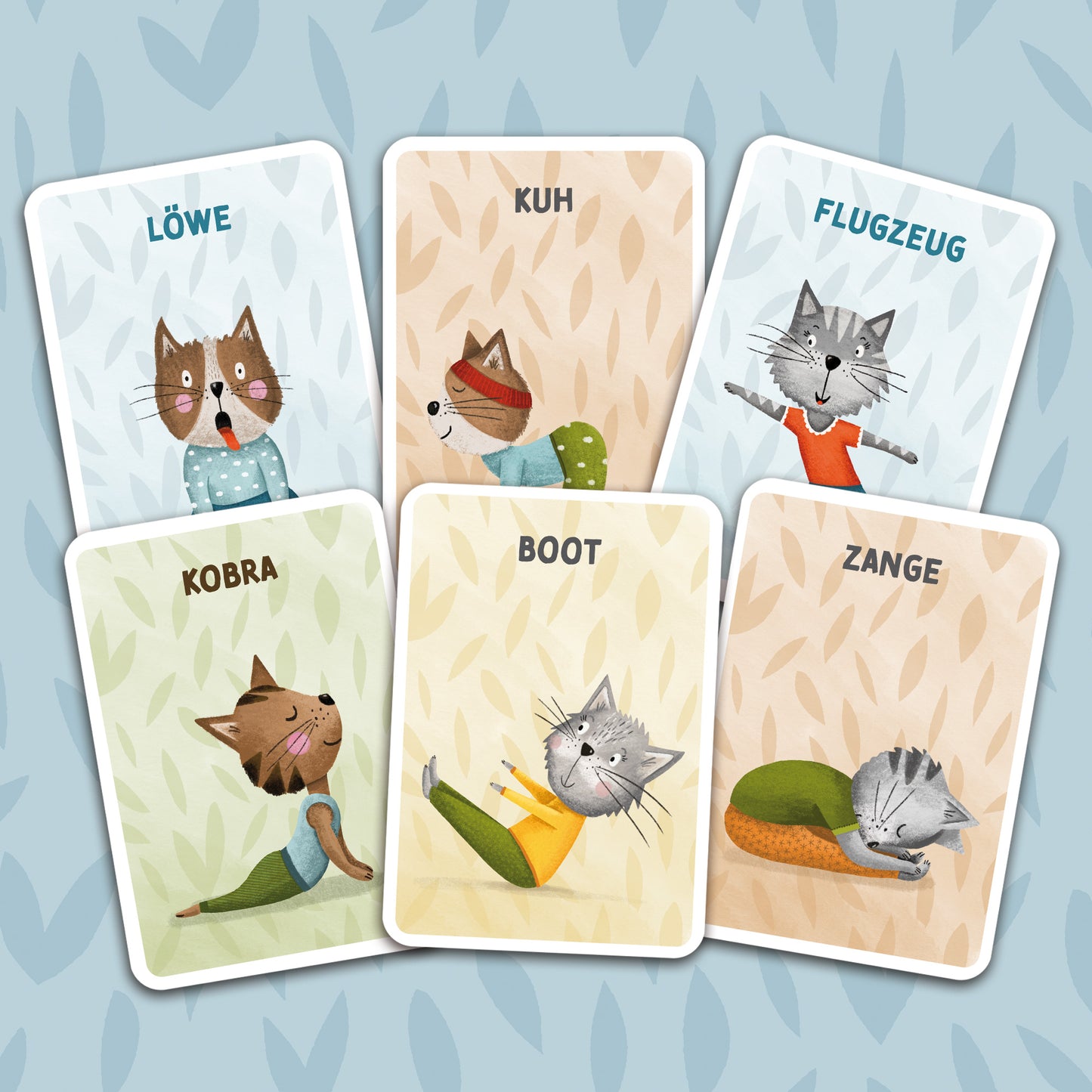 Yogakarten-Set für Kinder mit 30 handgezeichneten Katzen, die verschiedene Yoga-Übungen spielerisch darstellen, ideal für Kinderyoga und als Geschenk für Katzenliebhaber.