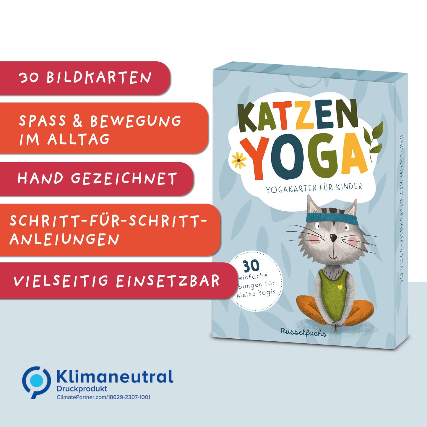 Yogakarten-Set für Kinder mit 30 handgezeichneten Katzen, die verschiedene Yoga-Übungen spielerisch darstellen, ideal für Kinderyoga und als Geschenk für Katzenliebhaber.