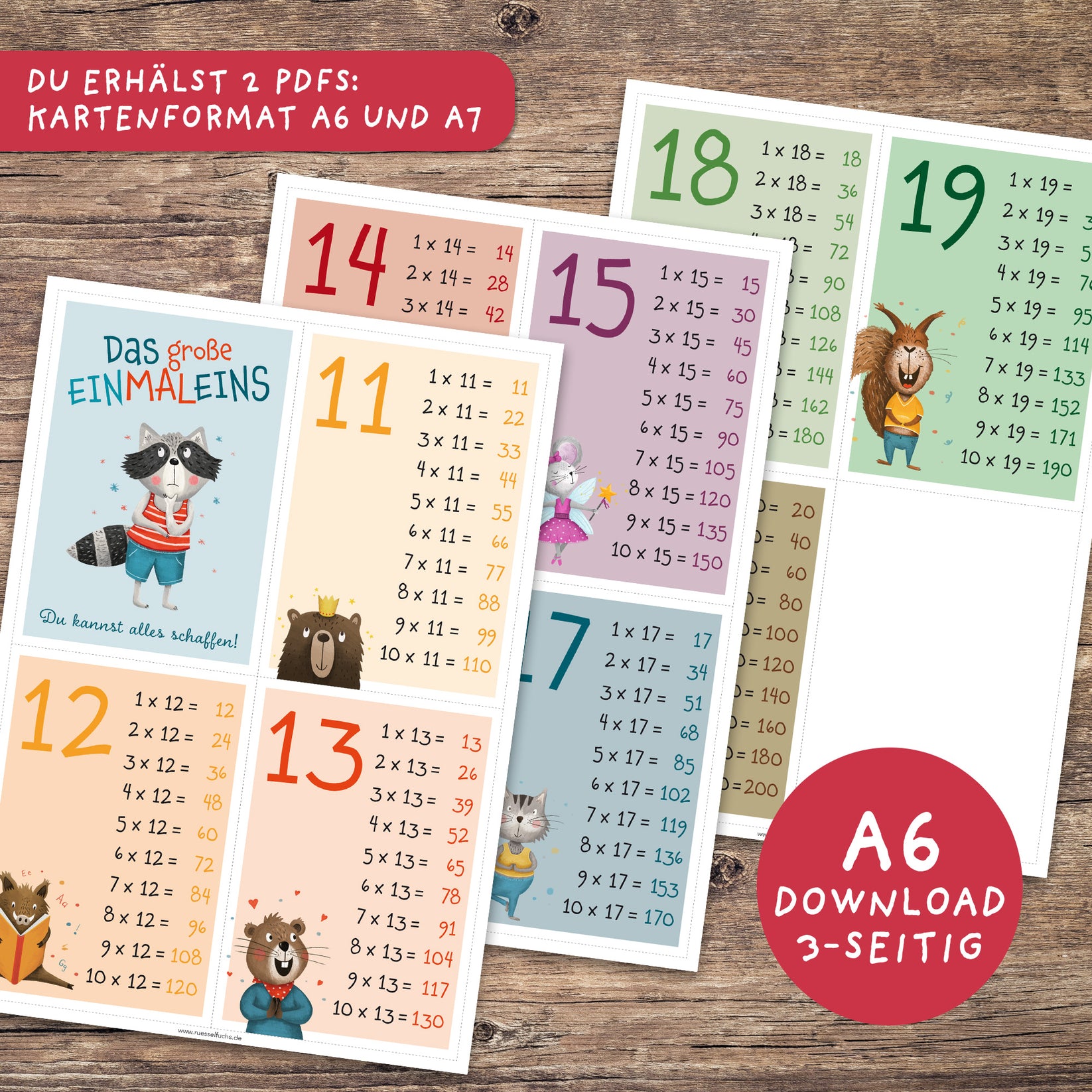 Einmaleins-Karten 11–20 für Kinder | PDF Download – Rüsselfuchs