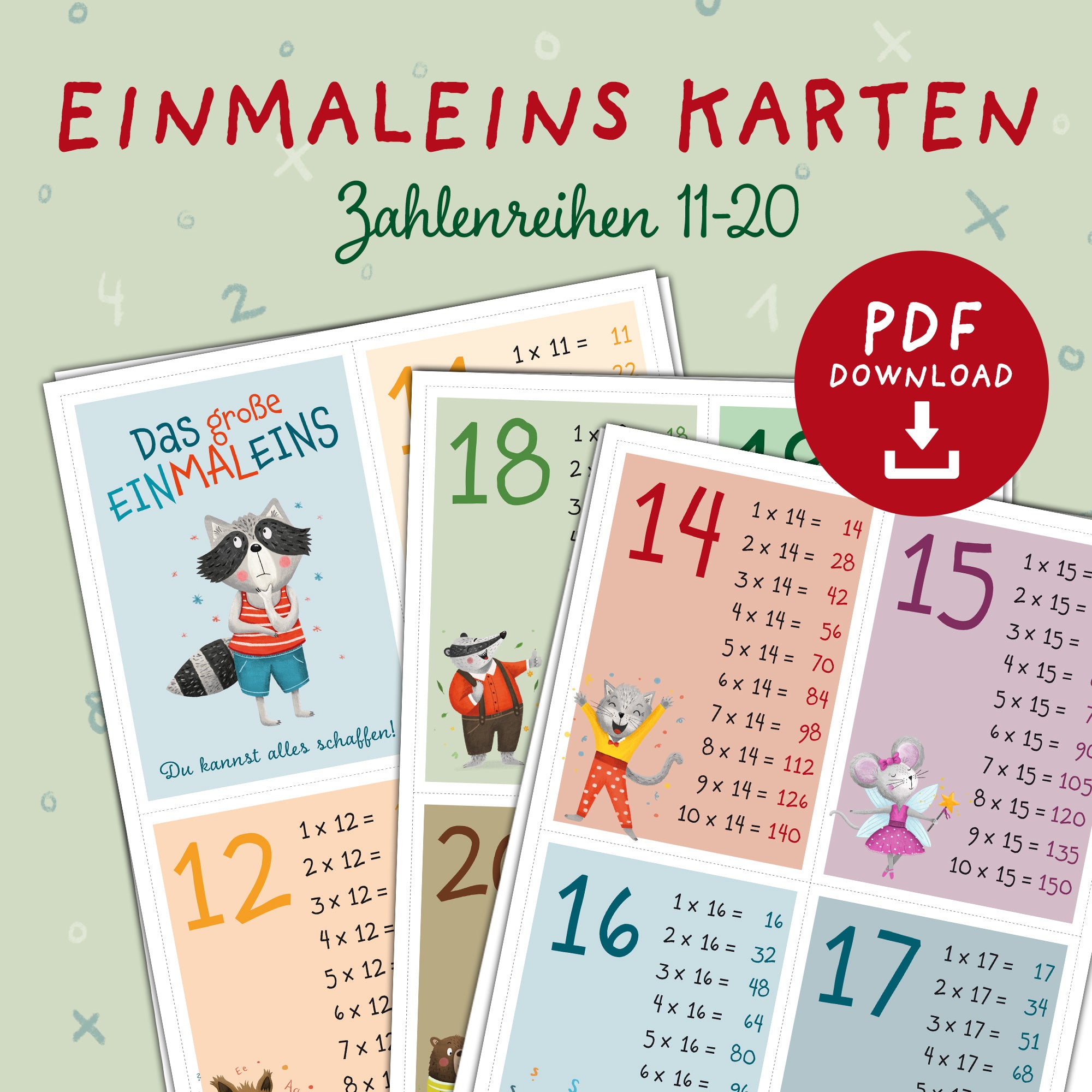Einmaleins-Karten 11–20 für Kinder | PDF Download