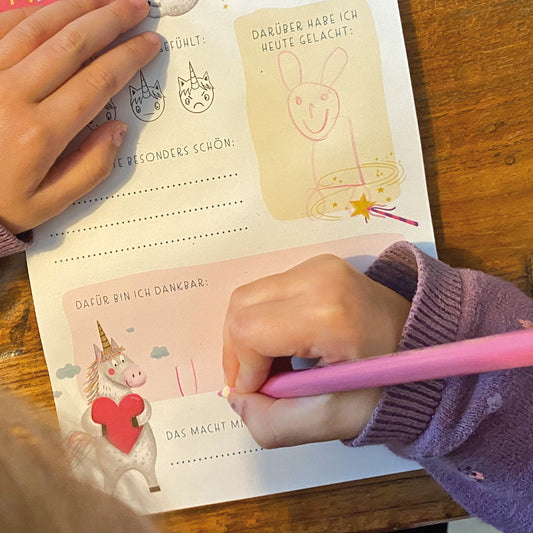 Ausfüllbare Tagesreflexion für Kinder zur Förderung von Dankbarkeit, Optimismus und emotionaler Entwicklung.