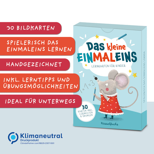 Handgezeichnete Einmaleinskarten zum Üben des 1x1 mit den Reihen 1 bis 10: 30 Karten mit Übungsmaterial und Lernhilfen, ideal für das spielerische Erlernen der Multiplikation, verpackt in einer Faltschachtel.