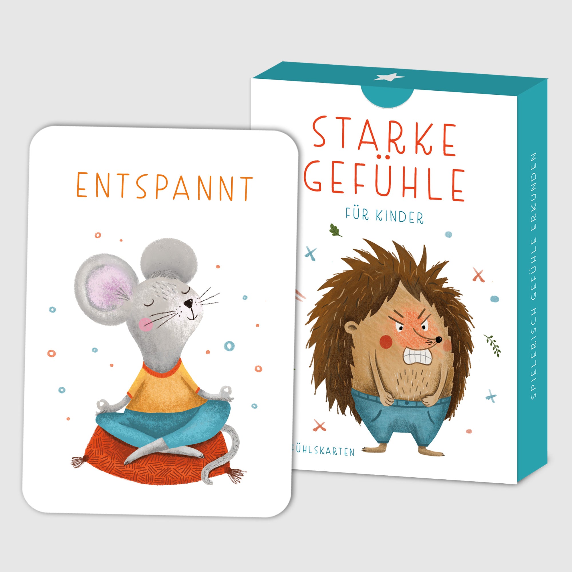 Handgezeichnetes Kartenset mit Gefühlskarten: 40 Karten mit bunten Illustrationen und kindgerechten Beschreibungen von Gefühlen, verpackt in einer Faltschachtel, ideal für die Förderung emotionaler Kompetenz.