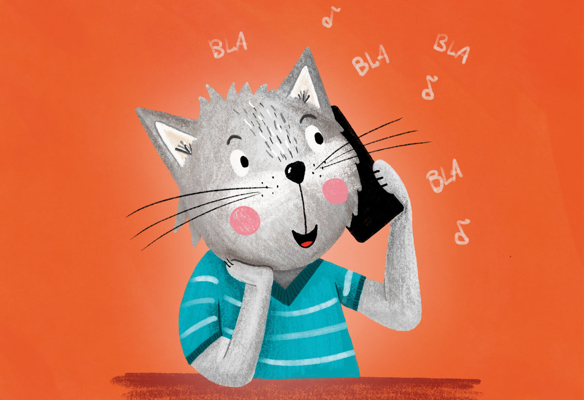 Rüsselfuchs illustrierte Katze hält Telefon an das Ohr