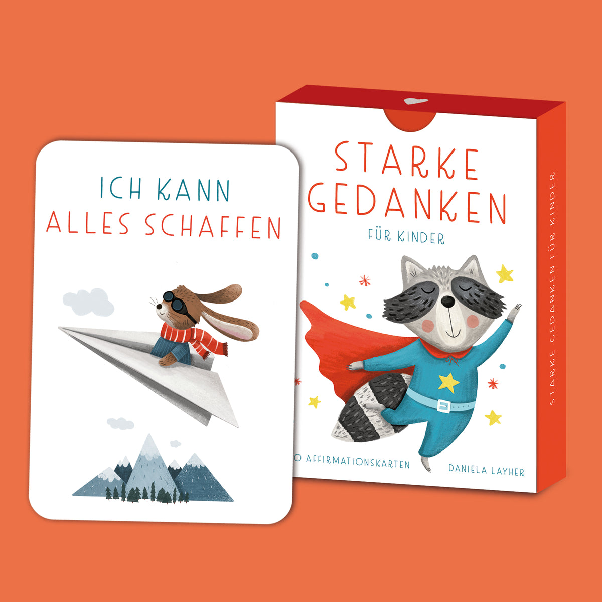Handgezeichnetes Kartenset mit Affirmationen für Kinder: Enthält 40 liebevoll gestaltete Karten mit kindgerechten Affirmationen und bunten Tierillustrationen, verpackt in einer Faltschachtel.
