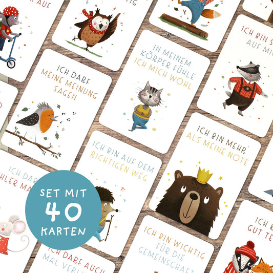 Handgezeichnetes Kartenset mit Affirmationen für Kinder: Enthält 40 liebevoll gestaltete Karten mit kindgerechten Affirmationen und bunten Tierillustrationen, verpackt in einer Faltschachtel.