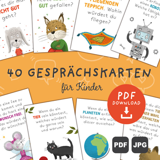 Downloadbare Gesprächskarten zum Ausdrucken: 40 Karten mit anregenden Fragen und Illustrationen, die einfach heruntergeladen, ausgeschnitten und genutzt werden können, um Kommunikation und Austausch zu fördern.