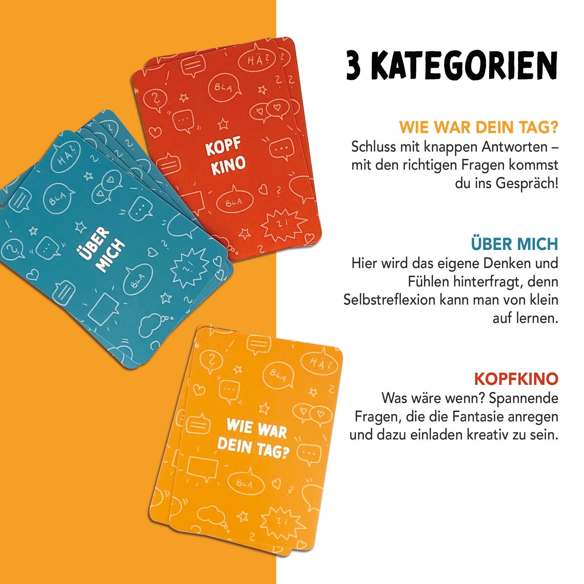 Handgezeichnetes Kartenset mit Gesprächskarten: 40 Karten mit anregenden Fragen und Illustrationen, ideal für Gespräche und zur Förderung der Kommunikation in Gruppen oder Familien, verpackt in einer Faltschachtel.