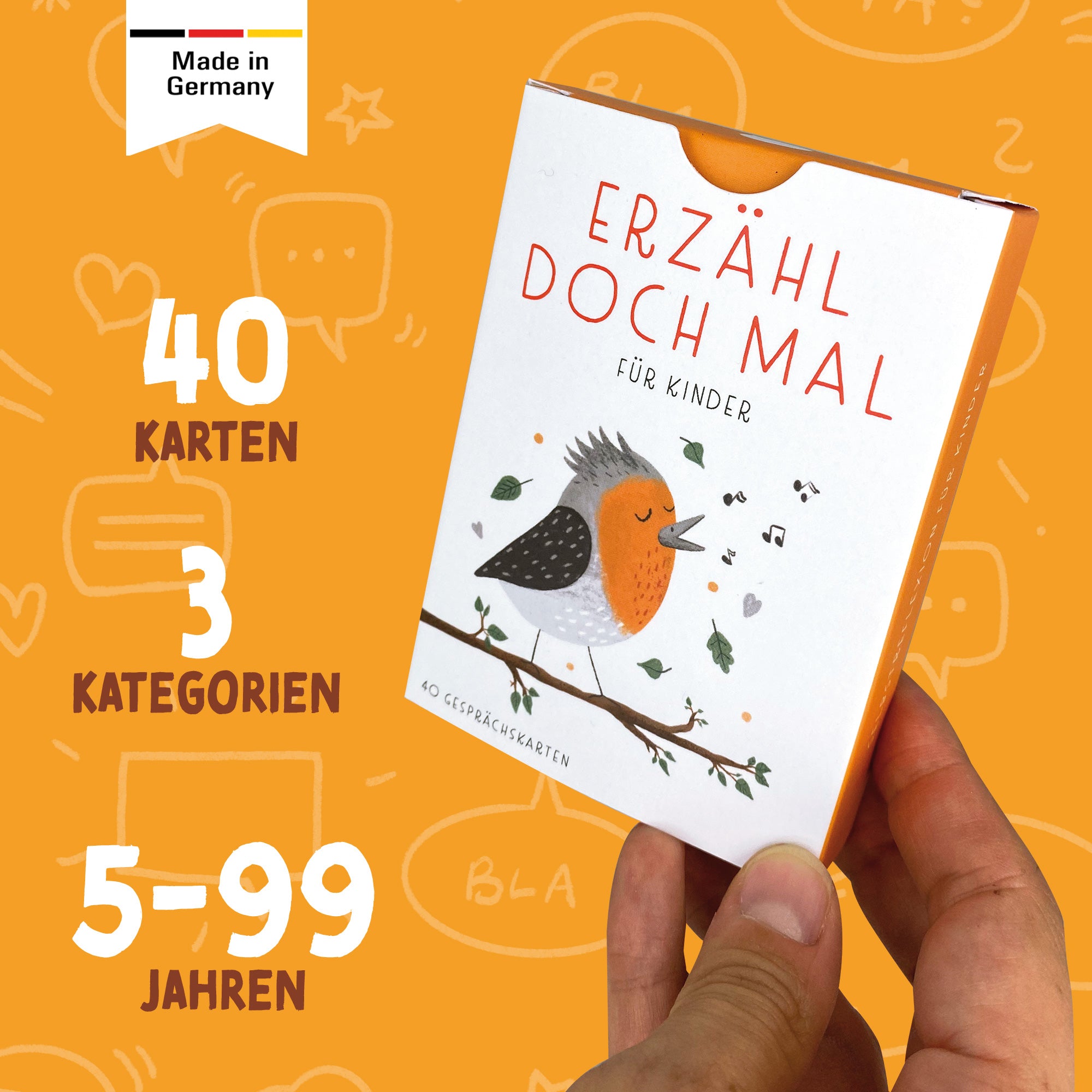 Handgezeichnetes Kartenset mit Gesprächskarten: 40 Karten mit anregenden Fragen und Illustrationen, ideal für Gespräche und zur Förderung der Kommunikation in Gruppen oder Familien, verpackt in einer Faltschachtel.