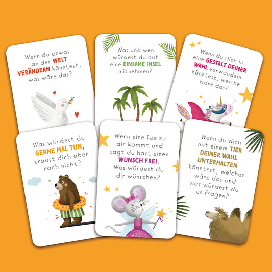 Handgezeichnetes Kartenset mit Gesprächskarten: 40 Karten mit anregenden Fragen und Illustrationen, ideal für Gespräche und zur Förderung der Kommunikation in Gruppen oder Familien, verpackt in einer Faltschachtel.