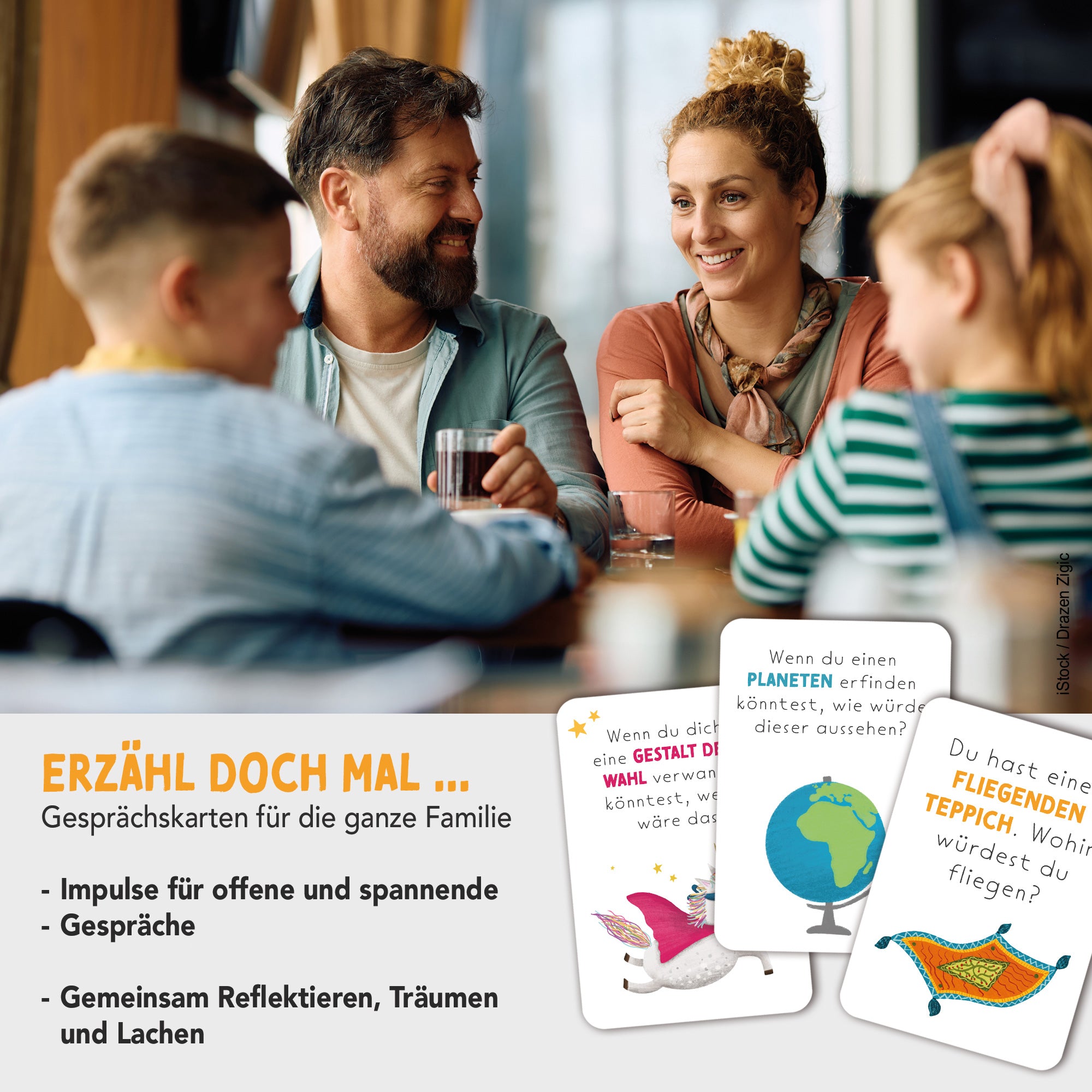 Handgezeichnetes Kartenset mit Gesprächskarten: 40 Karten mit anregenden Fragen und Illustrationen, ideal für Gespräche und zur Förderung der Kommunikation in Gruppen oder Familien, verpackt in einer Faltschachtel.