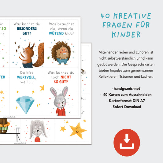 Downloadbare Gesprächskarten zum Ausdrucken: 40 Karten mit anregenden Fragen und Illustrationen, die einfach heruntergeladen, ausgeschnitten und genutzt werden können, um Kommunikation und Austausch zu fördern.