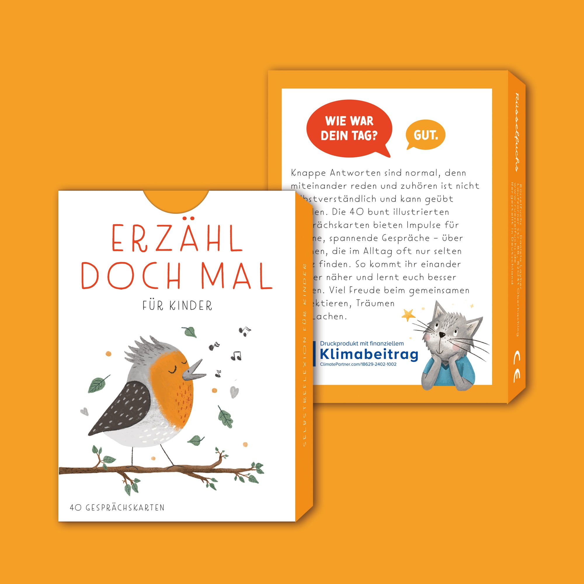 Handgezeichnetes Kartenset mit Gesprächskarten: 40 Karten mit anregenden Fragen und Illustrationen, ideal für Gespräche und zur Förderung der Kommunikation in Gruppen oder Familien, verpackt in einer Faltschachtel.