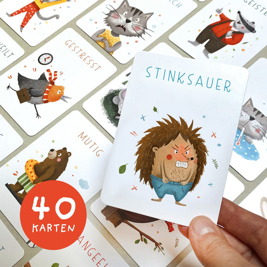 Handgezeichnetes Kartenset mit Gefühlskarten: 40 Karten mit bunten Illustrationen und kindgerechten Beschreibungen von Gefühlen, verpackt in einer Faltschachtel, ideal für die Förderung emotionaler Kompetenz.