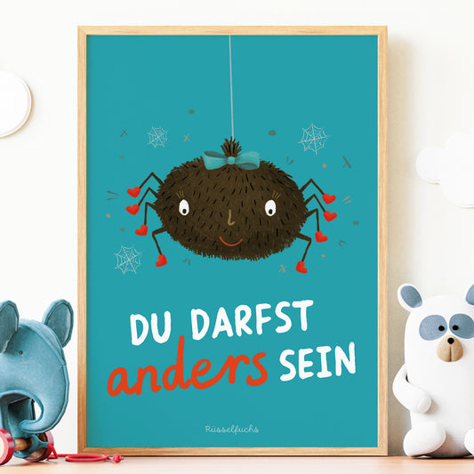 Mutmacher-Poster für Kinder mit einer liebevoll illustrierten Spinne und der Botschaft „Du darfst anders sein“. PDF-Download zur Stärkung von Selbstvertrauen, Individualität und Selbstannahme.