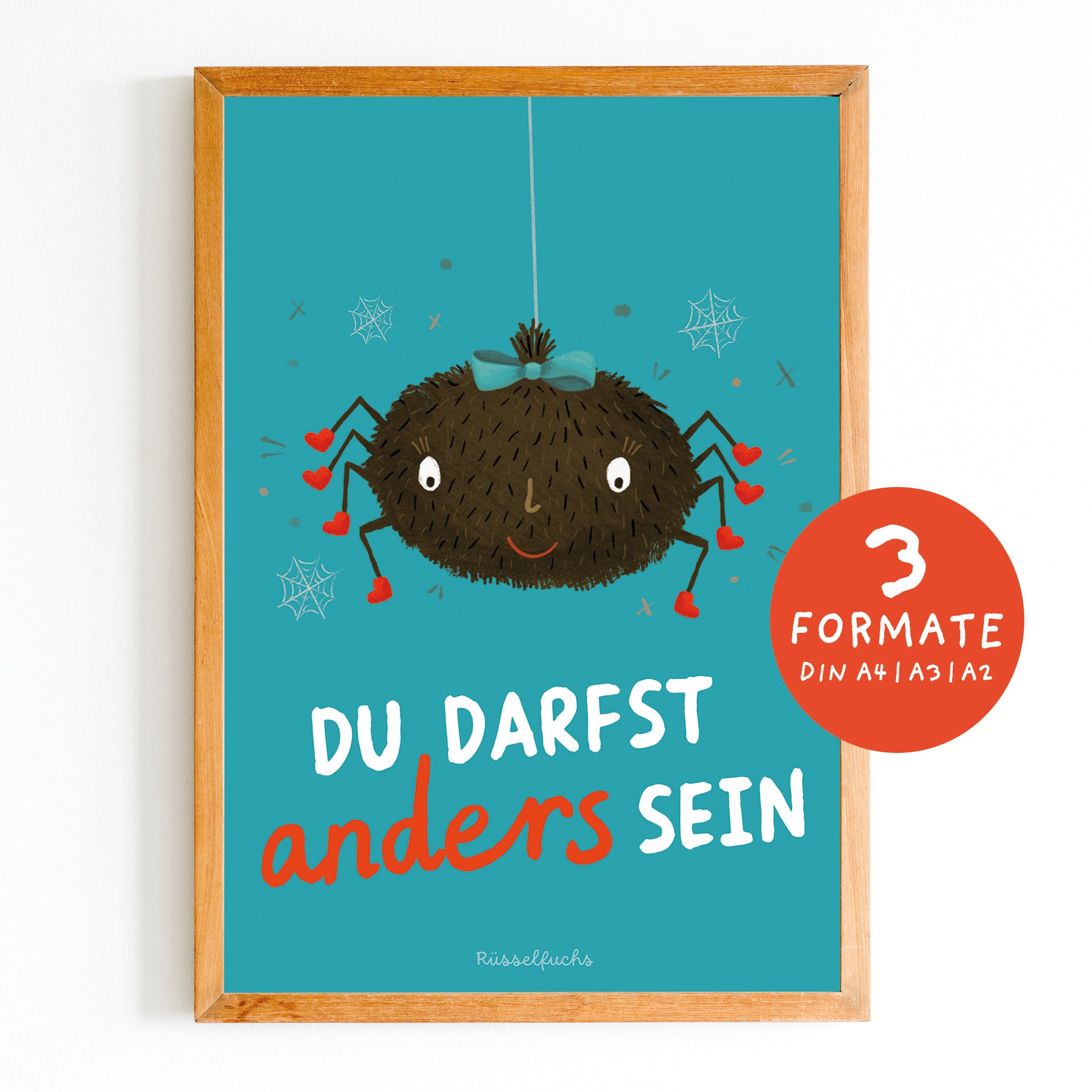Mutmacher-Poster für Kinder mit einer liebevoll illustrierten Spinne und der Botschaft „Du darfst anders sein“. PDF-Download zur Stärkung von Selbstvertrauen, Individualität und Selbstannahme.