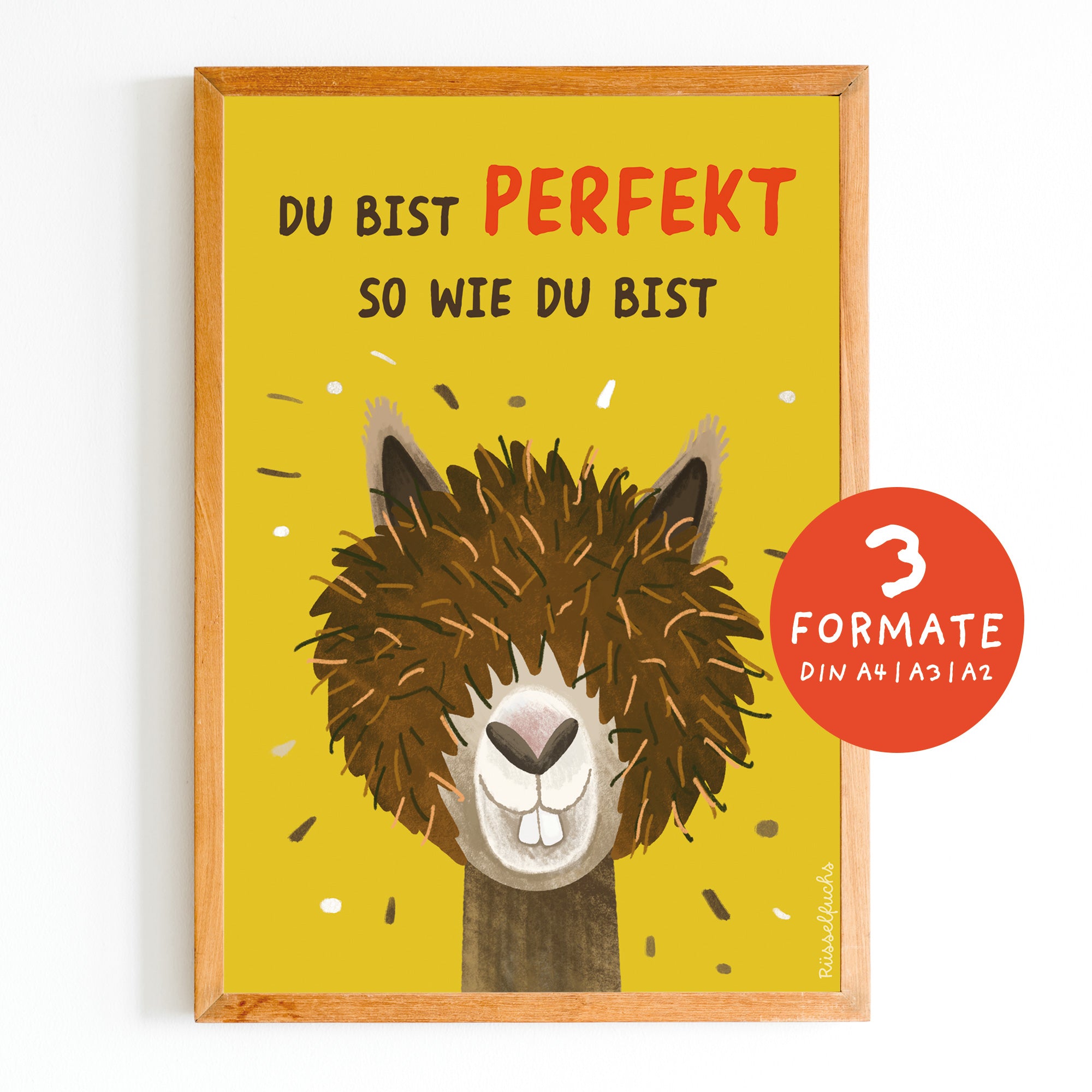 Kinderposter mit Alpaka und der Aufschrift „Du bist perfekt so wie du bist“. Motivierendes Mutmacher-Poster als PDF-Download für mehr Selbstvertrauen und Selbstliebe.