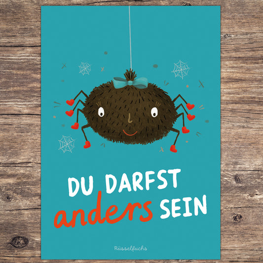 Mutmacher-Poster für Kinder mit einer liebevoll illustrierten Spinne und der Botschaft „Du darfst anders sein“. PDF-Download zur Stärkung von Selbstvertrauen, Individualität und Selbstannahme.