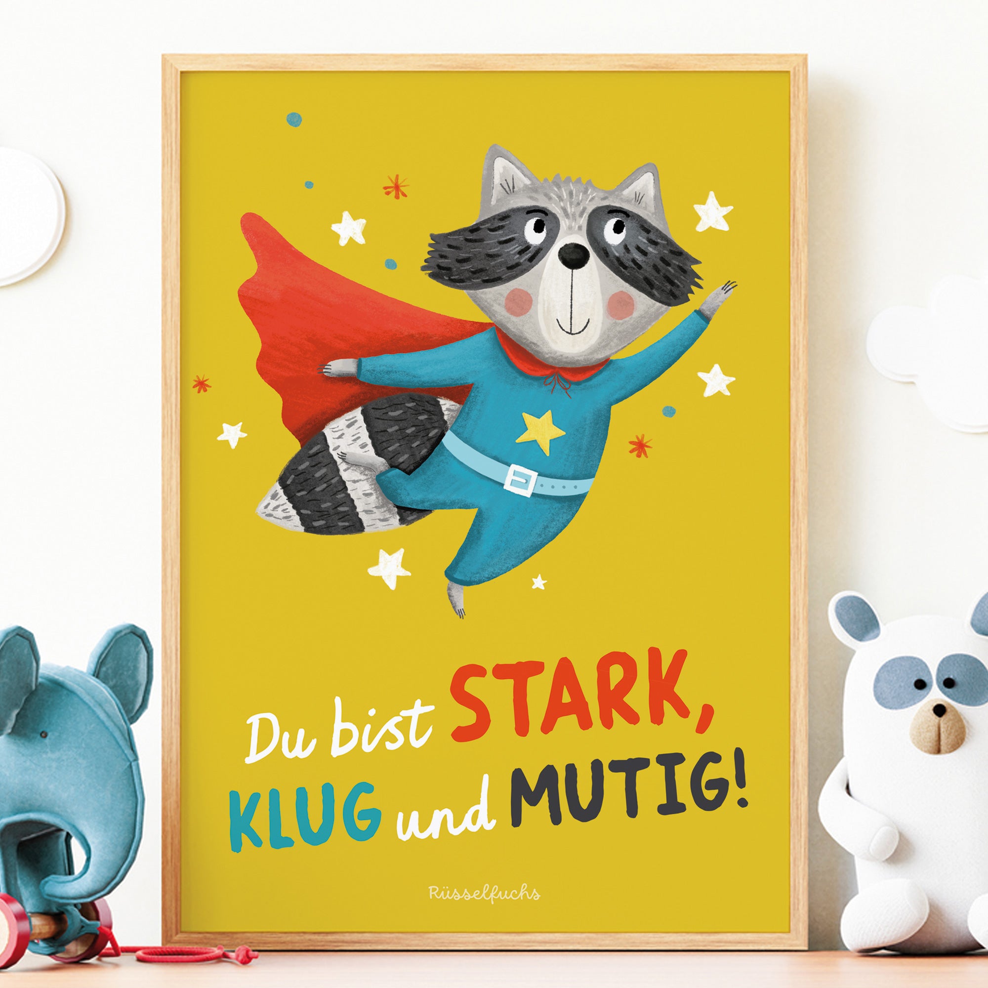 Mutmacher-Poster für Kinder mit einem Waschbären im Superheldenkostüm und der Botschaft „Du bist stark, klug und mutig“. PDF-Download zur Stärkung von Selbstvertrauen und Mut.