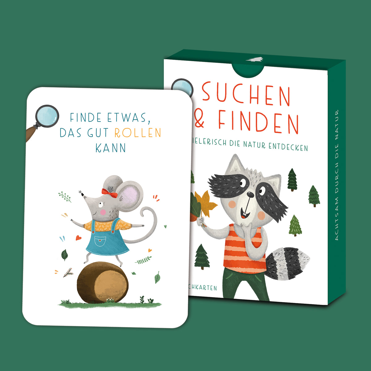 Handgezeichnetes 'Suchen und Finden' Kartenspiel für Kinder: 40 Karten mit kreativen Suchaufträgen, die Kinder in die Natur einladen, um spannende Entdeckungen zu machen, verpackt in einer Faltschachtel.
