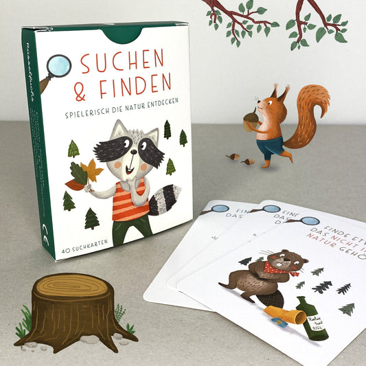 Handgezeichnetes 'Suchen und Finden' Kartenspiel für Kinder: 40 Karten mit kreativen Suchaufträgen, die Kinder in die Natur einladen, um spannende Entdeckungen zu machen, verpackt in einer Faltschachtel.