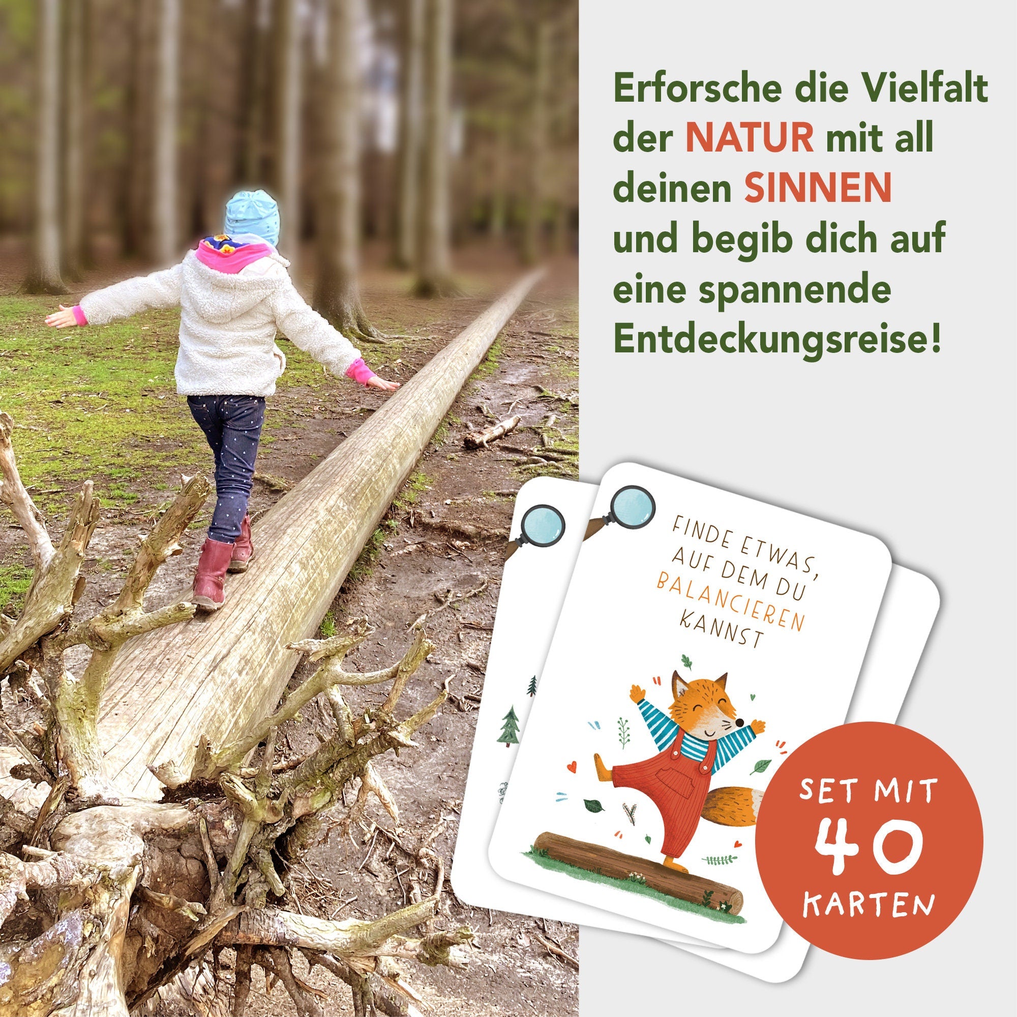 Handgezeichnetes 'Suchen und Finden' Kartenspiel für Kinder: 40 Karten mit kreativen Suchaufträgen, die Kinder in die Natur einladen, um spannende Entdeckungen zu machen, verpackt in einer Faltschachtel.