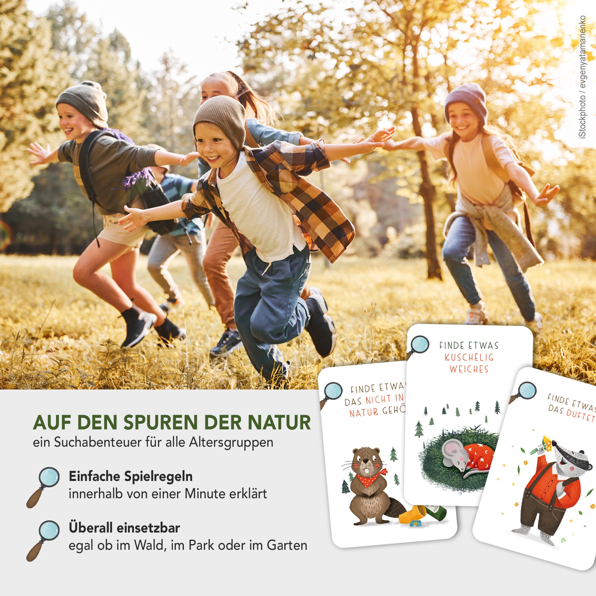 Handgezeichnetes 'Suchen und Finden' Kartenspiel für Kinder: 40 Karten mit kreativen Suchaufträgen, die Kinder in die Natur einladen, um spannende Entdeckungen zu machen, verpackt in einer Faltschachtel.