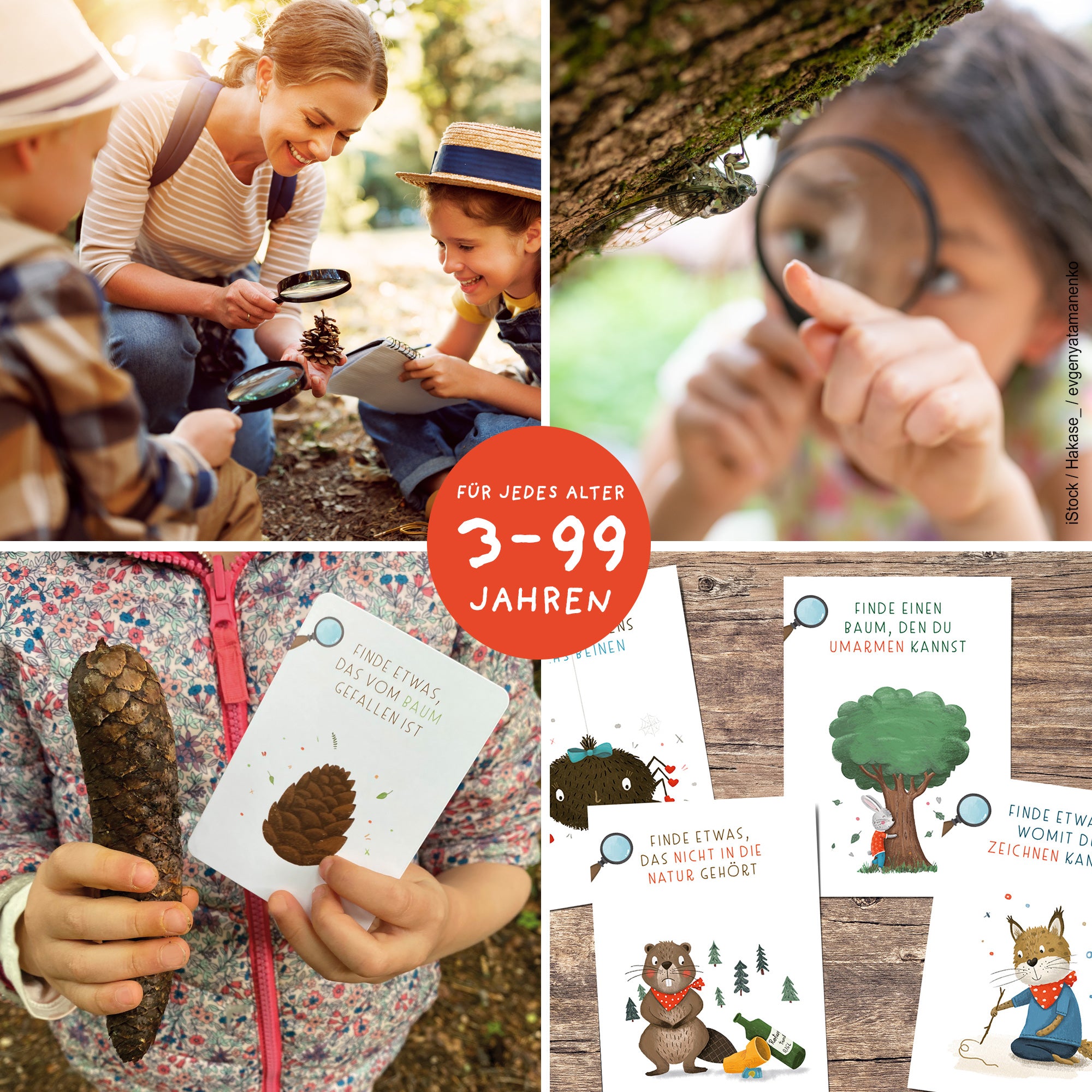 Handgezeichnetes 'Suchen und Finden' Kartenspiel für Kinder: 40 Karten mit kreativen Suchaufträgen, die Kinder in die Natur einladen, um spannende Entdeckungen zu machen, verpackt in einer Faltschachtel.