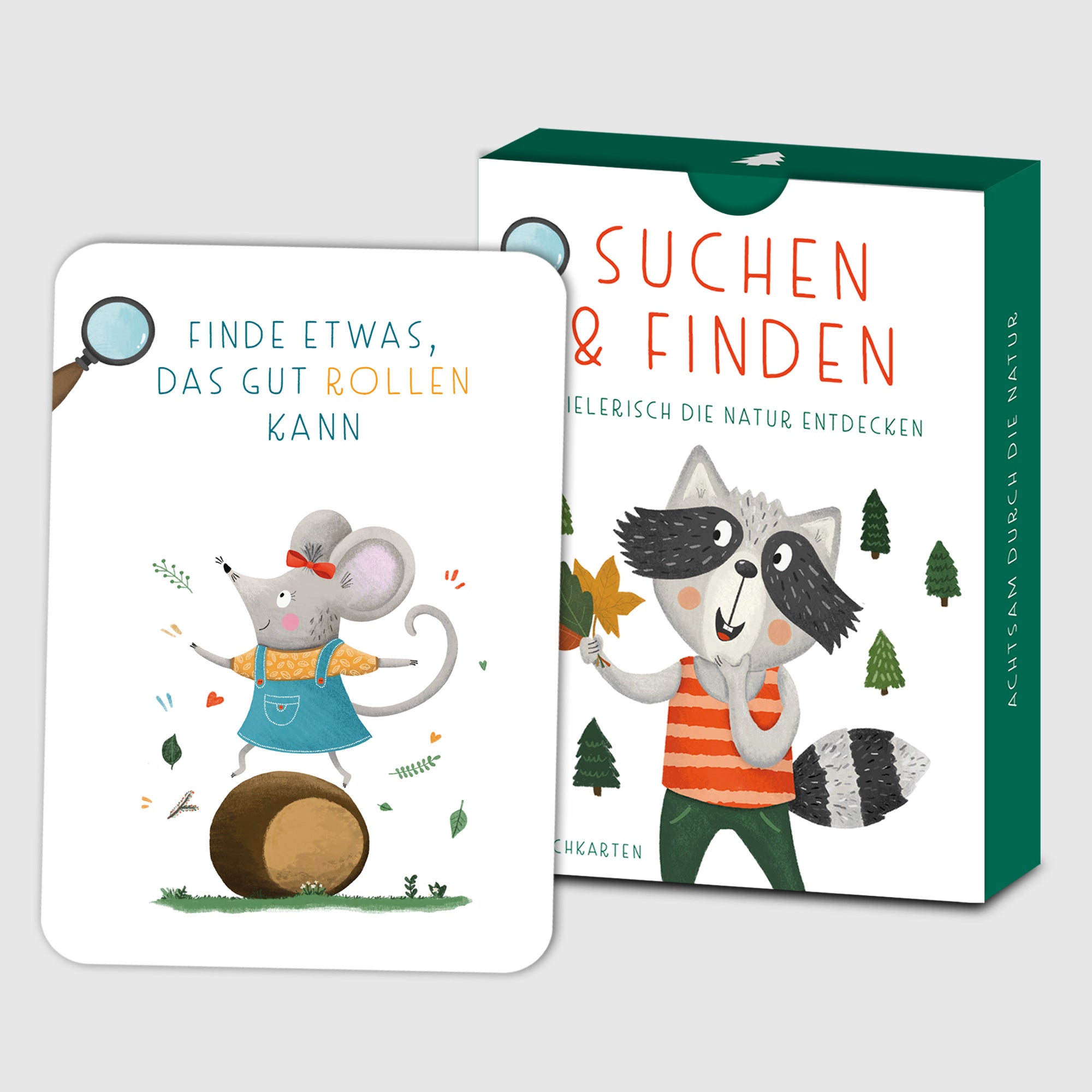 Handgezeichnetes 'Suchen und Finden' Kartenspiel für Kinder: 40 Karten mit kreativen Suchaufträgen, die Kinder in die Natur einladen, um spannende Entdeckungen zu machen, verpackt in einer Faltschachtel.