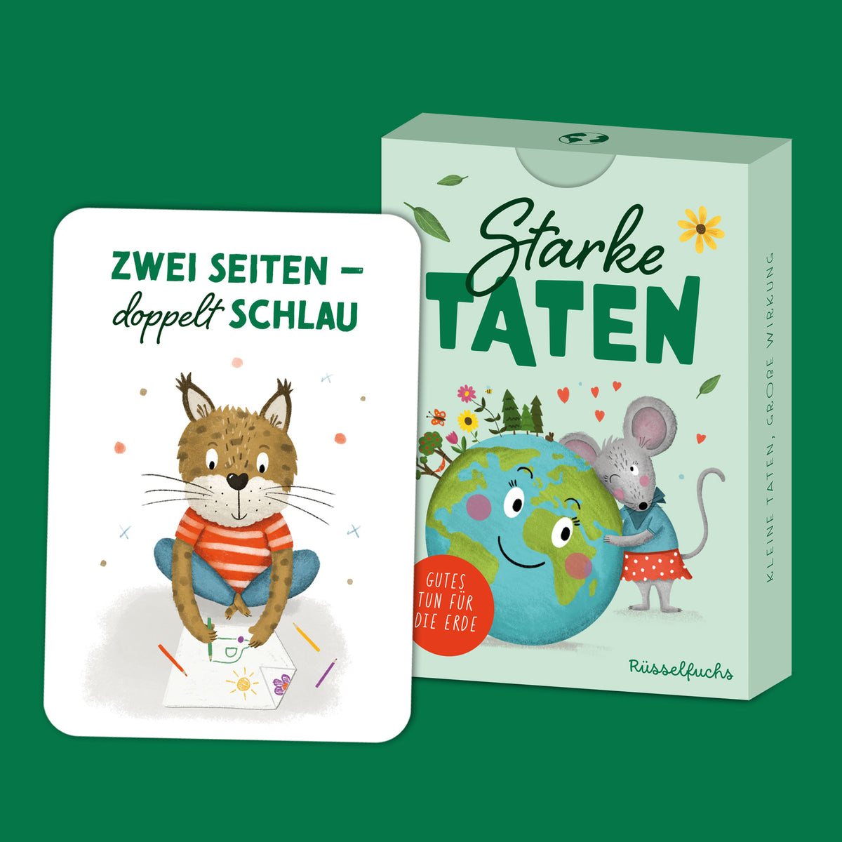 Kartenset „Starke Taten“ mit Verpackung und Beispielkarte mit Luchs-Motiv.