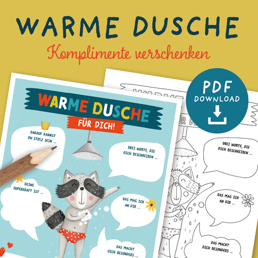 Warme Dusche Komplimente-Vorlage mit handgezeichnetem Waschbären unter der Dusche und Sprechblasen für persönliche Komplimente.