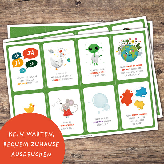 Fragenkarten „Was wäre wenn?“ als ausdruckbare PDF-Vorlagen mit 40 fantasievollen Gesprächsimpulsen für Kinder.