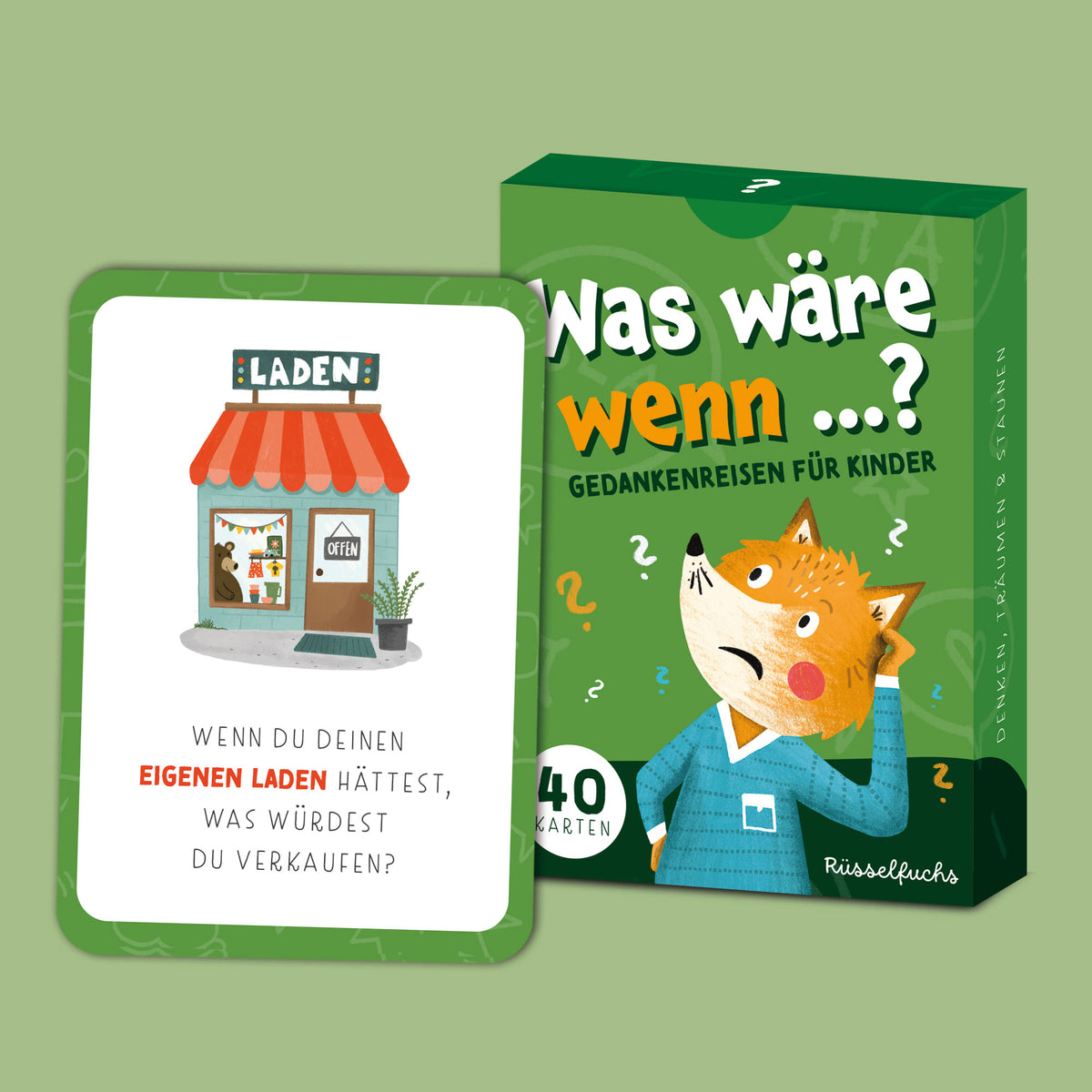 Produktbild des Kartensets „Was wäre wenn?“ mit Verpackung und Beispielkarte „Wenn du deinen eigenen Laden hättest“.