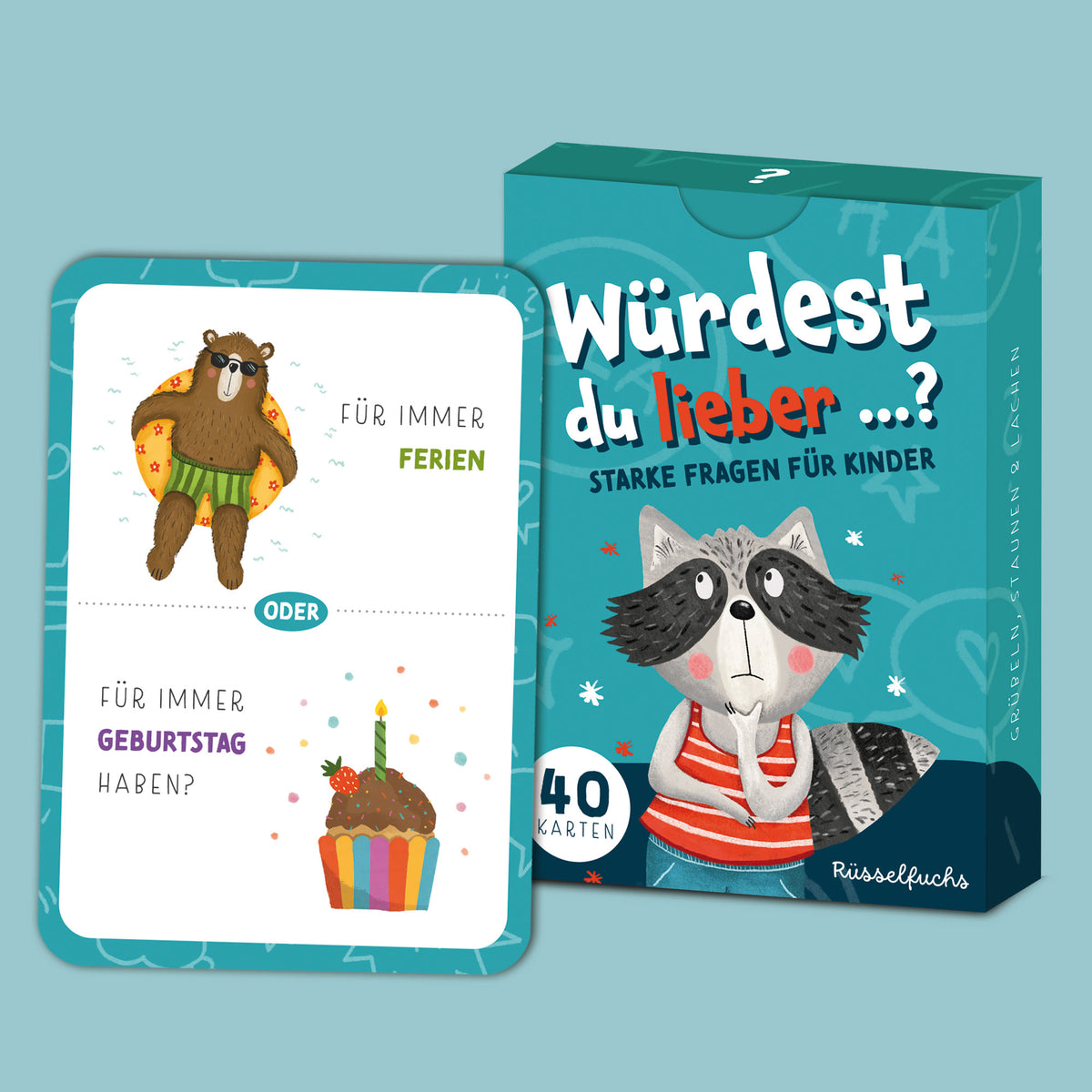 Kreativitätskarten für Kinder „Starke Ideen“ mit Verpackung und Beispielkarte für fantasievolle Kreativaufgaben und Geschichten.