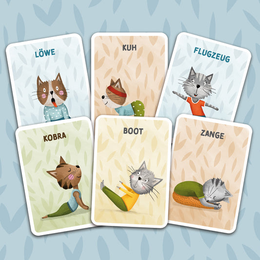 Yogakarten-Set für Kinder mit 30 handgezeichneten Katzen, die verschiedene Yoga-Übungen spielerisch darstellen, ideal für Kinderyoga und als Geschenk für Katzenliebhaber.