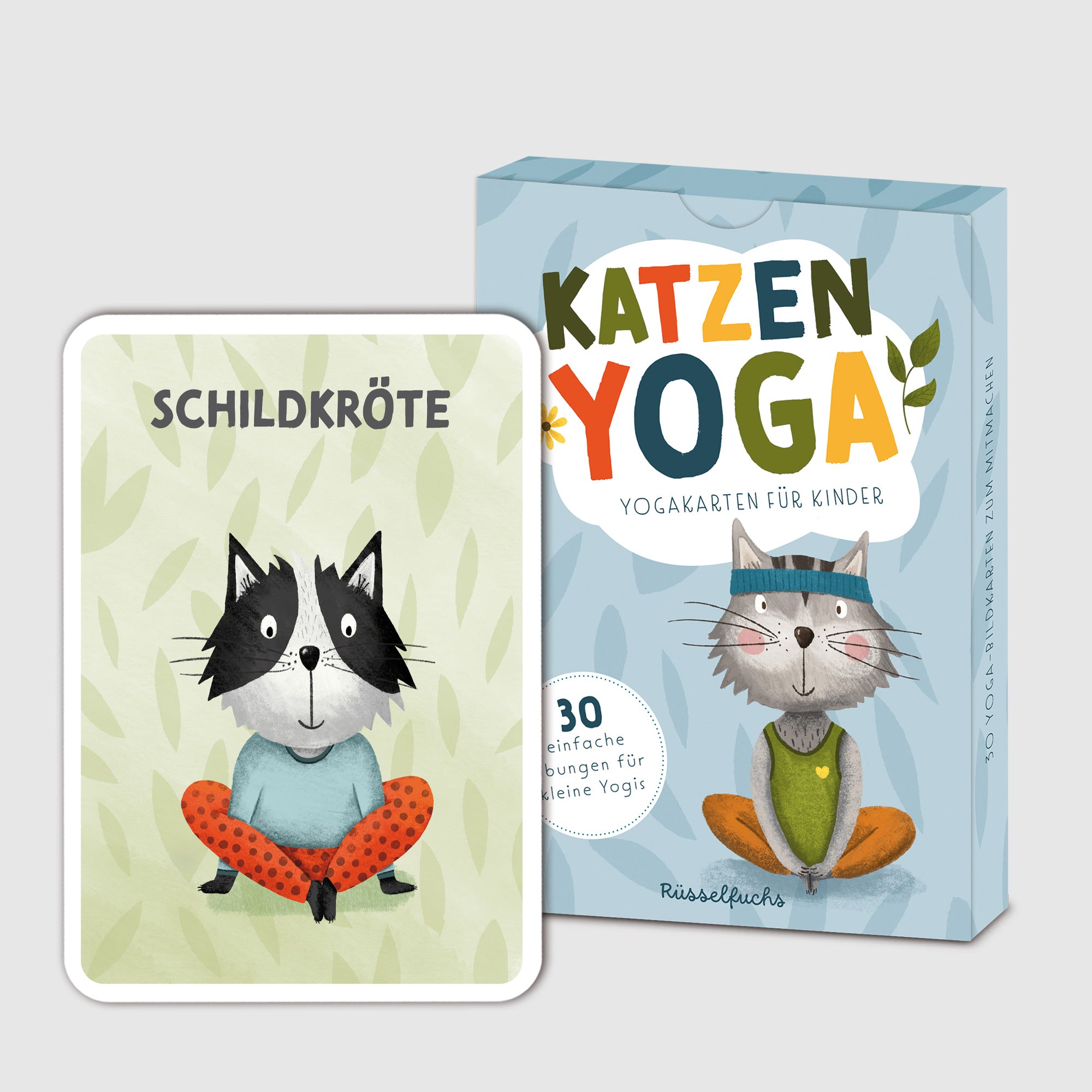 Yogakarten-Set für Kinder mit 30 handgezeichneten Katzen, die verschiedene Yoga-Übungen spielerisch darstellen, ideal für Kinderyoga und als Geschenk für Katzenliebhaber.
